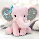 rosa Kuschelelefant mit blauer Scheife zur Geburt mit Namen und Geburtsdaten vom Baby personalisiert mit Love & Faith
