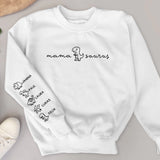 Weißer Pullover personalisiert mit Mamasaurus Spruch und Kindernamen mit Dinosymbolen gedruckt von Love & Faith