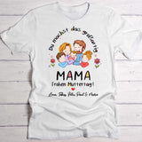 Weißes T-Shirt für Frauen mit Spruch "Mama Frohen Muttertag" Mit personalisierter Familienzeichnung und Namen - Individuelle Geschenkidee zum Muttertag von Love & Faith