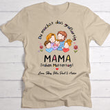 Beiges T-Shirt für Frauen mit Spruch "Mama Frohen Muttertag" Mit personalisierter Familienzeichnung und Namen - Individuelle Geschenkidee zum Muttertag von Love & Faith