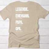 Beiges T-Shirt für Papa mit Legende, Ehemann, Papa Spruch und Jahreszahlen personalisiert von Love & Faith