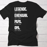 Schwarzes T-Shirt für Papa mit Legende, Ehemann, Papa Spruch und Jahreszahlen personalisiert von Love & Faith
