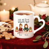 Weiße personalisierte Weihnachtstasse mit Herzhenkel mit Freundinnen-Illustration für Glühwein zur Weihnachtsfeier als Geschenk von Love & Faith