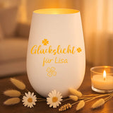 Weiß-Goldenes Windlicht mit personalisierter "Glückslicht" Gravur mit Namen gefertigt von Love & Faith
