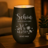 schwarz silber Windlicht persönlich graviert mit "Schön, dass es dich gibt" und Name personalisiert von Love & Faith