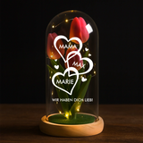 Ewige Tulpe im Glas LED Deko mit gedruckten Herzen mit Namen - personalisierte Geschenkidee von Love & Faith