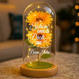 Ewige Sonnenblume "Schön, dass es dich gibt" in der Glaskuppel mit LED Licht personalisiert von Love & Faith
