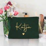 Personalisierte Samt smaragdgrün Kosmetiktasche für MakeUp und Kosmetika mit Namen von Love & Faith