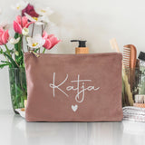 Personalisierte Samt rosequartz silber Kosmetiktasche für MakeUp und Kosmetika mit Namen von Love & Faith