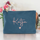 Personalisierte Samt Kosmetiktasche blau rosemetallic zum selbst gestalten mit Namen mit Love & Faith