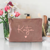 Personalisierte Samt Kosmetiktasche rosequartz rosemetallic zum selbst gestalten mit Namen mit Love & Faith