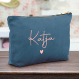 Personalisierte Samt Kosmetiktasche blau rosemetallic zum selbst gestalten mit Namen mit Love & Faith