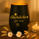 Schwarz-Goldenes Windlicht mit personalisierter "Glückslicht" Gravur mit Namen gefertigt von Love & Faith