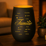 schwarz-goldenes Windlicht mit personalisierter Familiengravur von Love & Faith