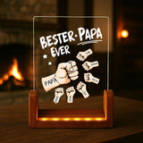 eckiger LED Aufsteller mit Holzsockel mit "Bester Papa ever" und Fistbumps mit Kindernamen personalisiert von Love & Faith