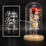 Ewige Rose "Schön, dass es dich gibt" in der Glaskuppel mit LED Licht personalisiert von Love & Faith