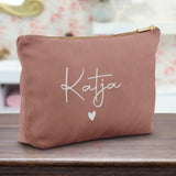 Personalisierte Samt rosequartz silber Kosmetiktasche für MakeUp und Kosmetika mit Namen von Love & Faith
