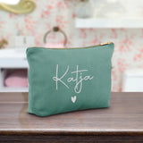 Personalisierte Samt jade silber Kosmetiktasche für MakeUp und Kosmetika mit Namen von Love & Faith