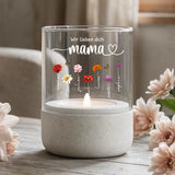 Personalisiertes Windlicht mit Kindernamen und Blumen für Eltern und Großeltern – Motiv 3