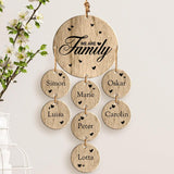 Gravierter Eichen Holzaufhänger mit 7 Namen und "We are Family"-Spruch – personalisiertes Geschenk von Love & Faith