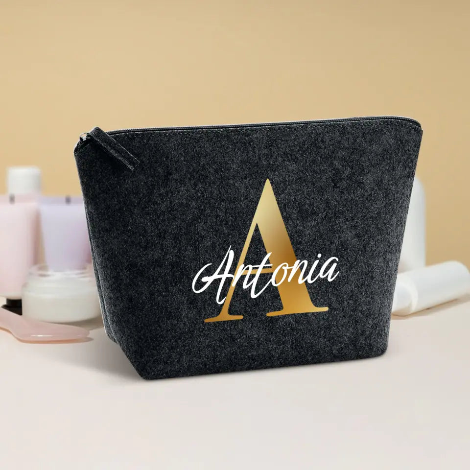 3 Liter dunkelgrau Filz Kosmetiktasche mit Initial und Namen personalisiert mit Love & Faith