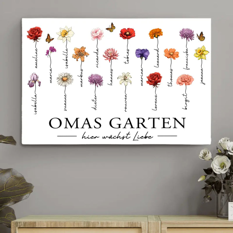 Personalisierte Leinwand mit bis zu 18 Namen selbst gestalten mit Geburtsblumen für Mama von Love & Faith