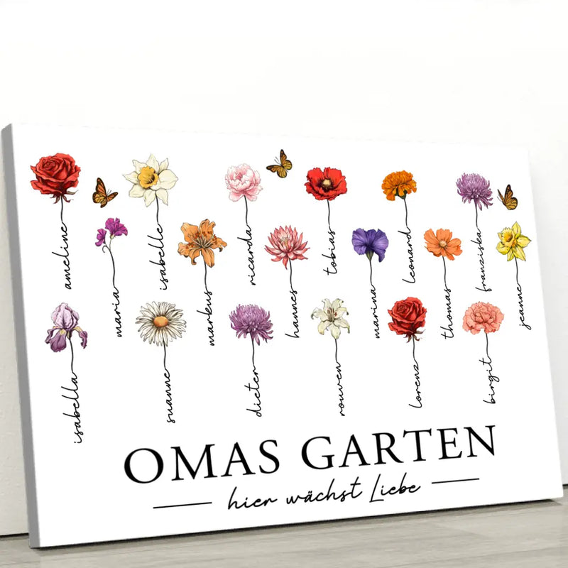 Personalisierte Leinwand mit bis zu 18 Namen selbst gestalten mit Geburtsblumen für Mama von Love & Faith
