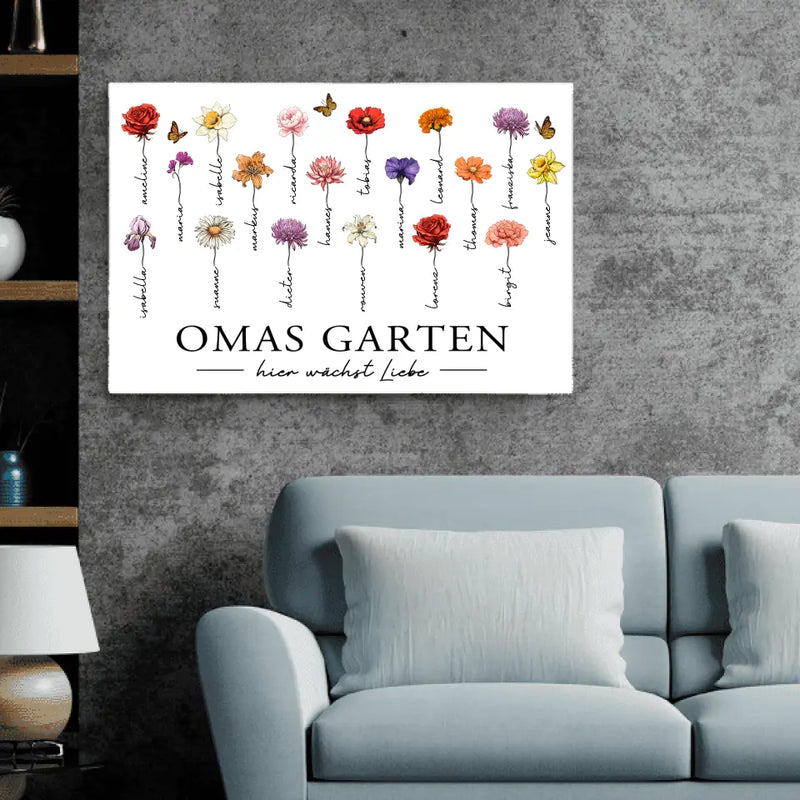 Personalisierte Leinwand mit bis zu 18 Namen selbst gestalten mit Geburtsblumen für Mama von Love & Faith