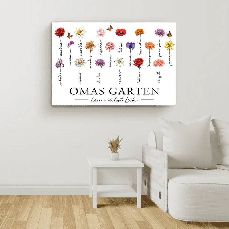 Personalisierte Leinwand mit bis zu 18 Namen selbst gestalten mit Geburtsblumen für Mama von Love & Faith