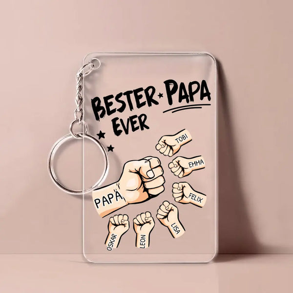 Personalisierter Schlüsselanhänger zum Vatertag mit Bester Papa Ever Spruch und Namen der Kinder in kleinen illustrierten Händen als Geschenkidee von Love & Faith