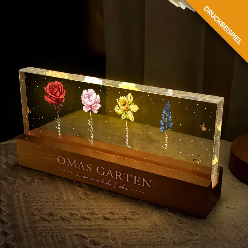 LED Aufsteller 25cm mit Holzsockel mit bis zu 15 Geburtsblumen und Namen personalisieren von Love & Faith