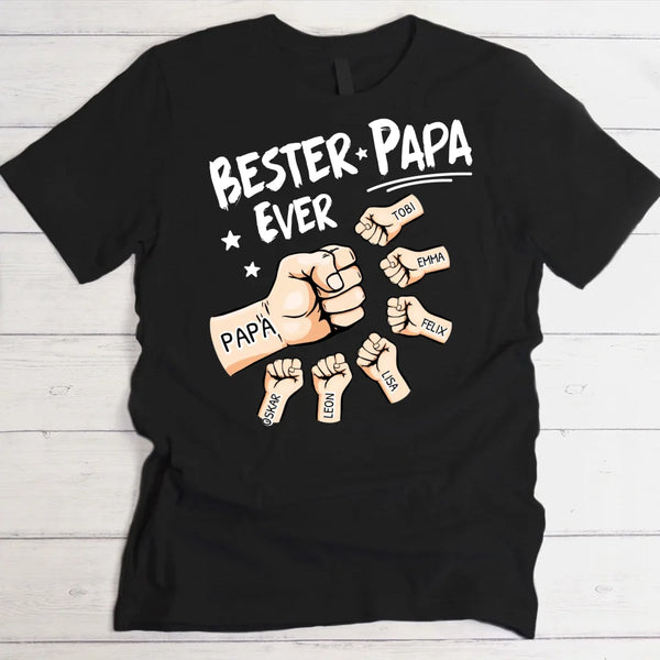 schwarzes T-Shirt personalisiert mit Bester Papa ever und Kindernamen zum Vatertag von Love & Faith