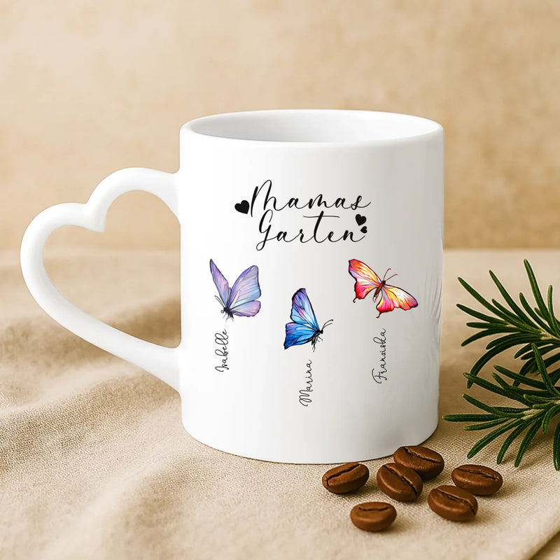 Weiße Tasse mit Herzhenkel und personalisiertem Namen – romantische Geschenkidee von Love & Faith