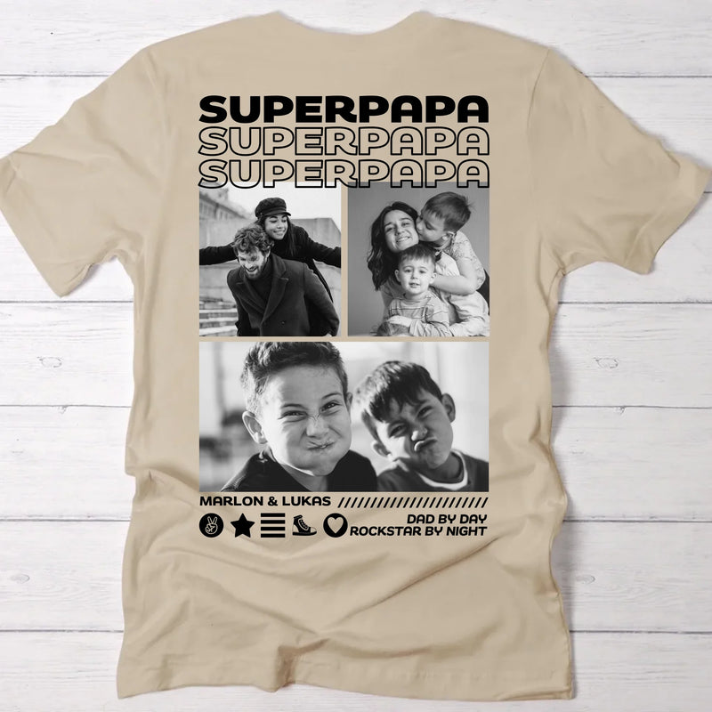 Beiges Frauen T-Shirt mit Supermama Backprint und eigenem Foto personalisierte Geschenkidee von Love & Faith