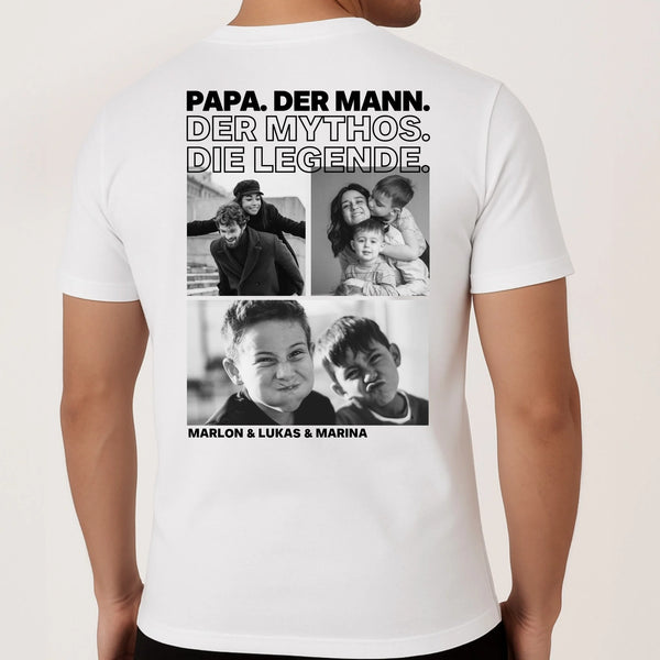 Weißes T-Shirt mit Backprint für Papa mit Spruch und eigenen Fotos personalisieren mit Love & Faith