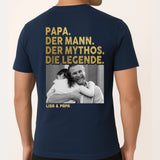 Blaues T-Shirt mit Backprint für Papa mit Spruch und eigenem Foto personalisieren mit Love & Faith
