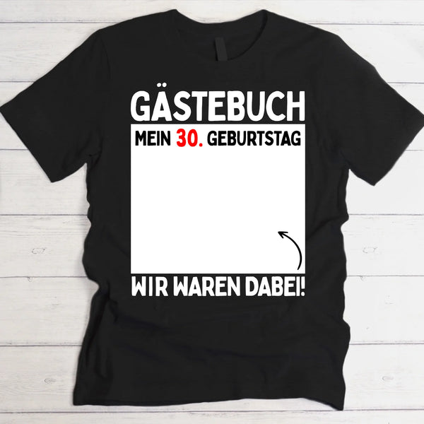 schwarzes T-Shirt mit Fläche für Unterschriften als Party-Gästebuch Geburtstagsidee von Love & Faith
