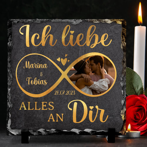 Alles an dir - Personalisierte Schieferplatte für Paare mit Unendlichkeitszeichen und Foto