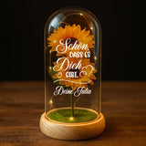 Ewige Sonnenblume "Schön, dass es dich gibt" in der Glaskuppel mit LED Licht personalisiert von Love & Faith