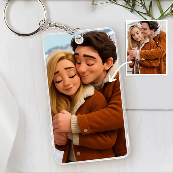 Personalisierter transparenter Acrylschlüsselanhänger 5,4cm x 8,6cm mit Cartoon aus eigenem Foto gefertigt von Love & Faith