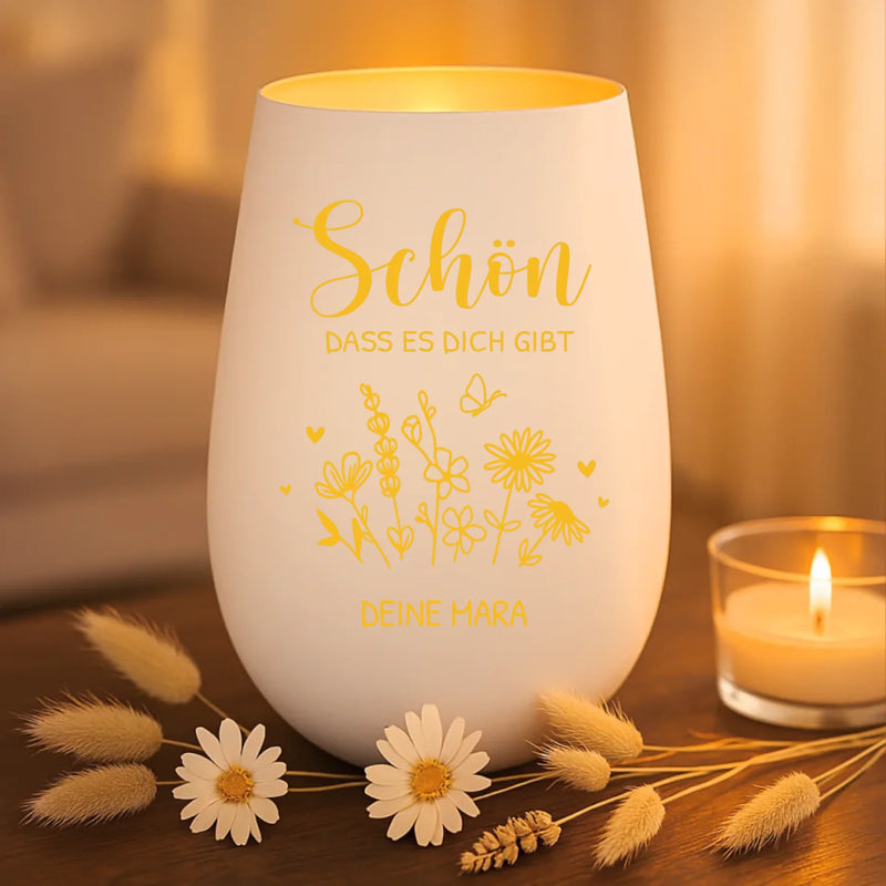 weiß gold Windlicht persönlich graviert mit "Schön, dass es dich gibt" und Name personalisiert von Love & Faith