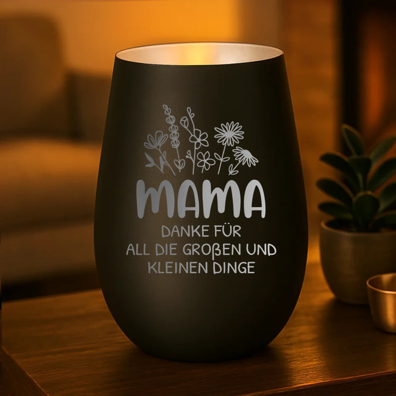 schwarz silber Windlicht graviert mit Danke Mama und Kindernamen personalisiert von Love & Faith