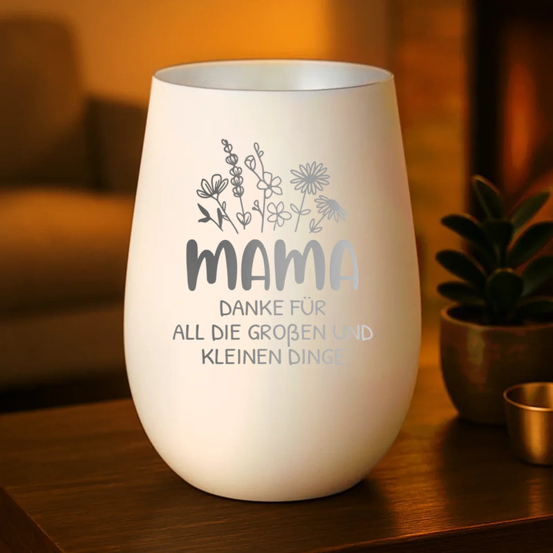 weiß silber Windlicht graviert mit Danke Mama und Kindernamen personalisiert von Love & Faith