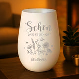 weiß silber Windlicht persönlich graviert mit "Schön, dass es dich gibt" und Name personalisiert von Love & Faith