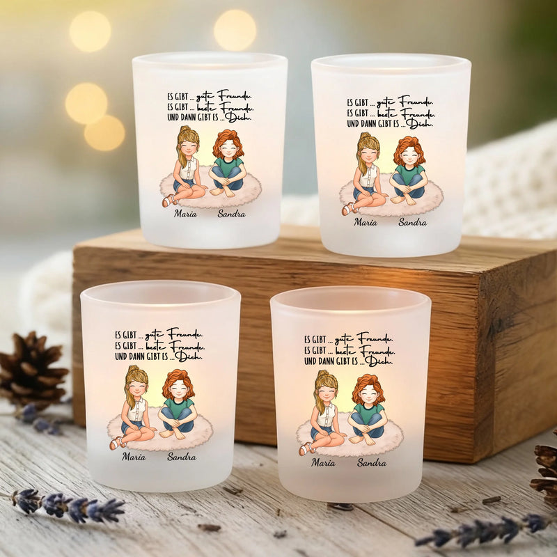 Personalisierter Teelichthalter für Freundinnen mit Clipart und Namen von Love & Faith