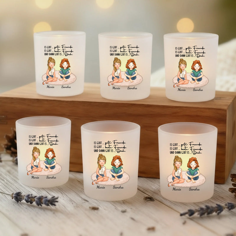 Personalisierter Teelichthalter für Freundinnen mit Clipart und Namen von Love & Faith