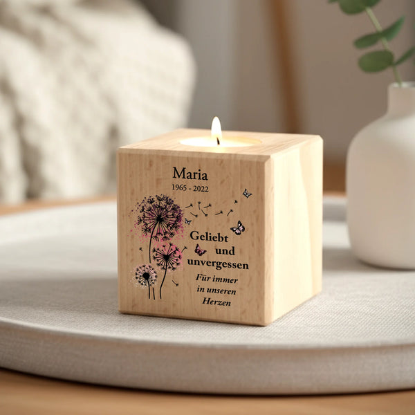 Personalisierter Teelichthalter aus Holz für Angehörige zur Trauer und Andenken an Verstorbene von Love & Faith