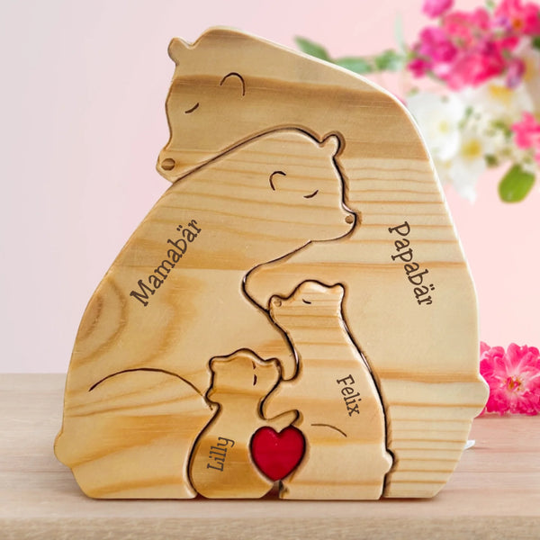 Personalisierte Holzbärenfamilien Puzzle Mutter, Vater, 2 Kinder zum Aufstellen mit Gravur von Love & Faith