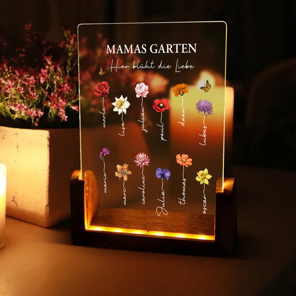 eckiger LED Aufsteller mit persönlichem Aufdruck Blumen und Namen - Geschenkidee für Mama von Love & Faith