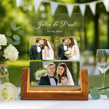 Leuchtender eckiger LED Aufsteller zur Erinnerung an die Hochzeit mit bis zu 3 eigenen Fotos und Datum mit Holzsockel als Geschenkidee von Love & Faith